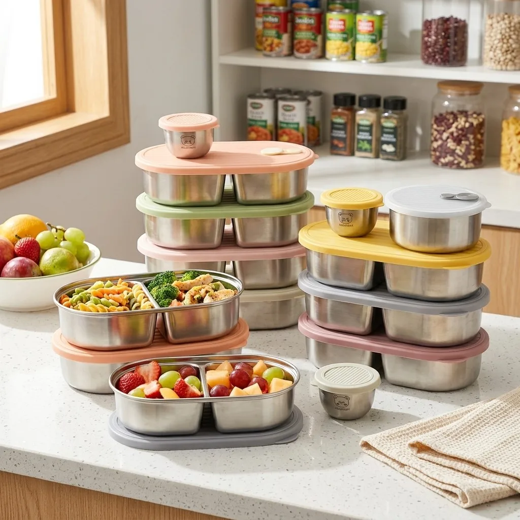 Food Storage With Dividers - กล่องอาหารกลางวันสแตนเลส 304 สำหรับอุ่นในไมโครเวฟ ป้องกันการรั่วซึม แบ่งช่องสำหรับเตรียมอาหาร พร้อมฝาปิด