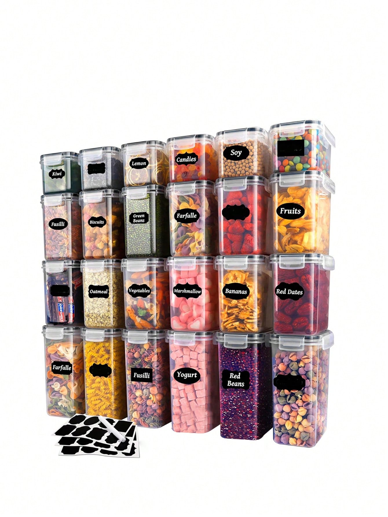 Food Storage Labels - ชุดกล่องเก็บอาหารแบบมีฝาปิด 48 ชิ้น - กล่องอาหารกลางวัน เหมาะสำหรับจัดเก็บและเก็บรักษาธัญพืช