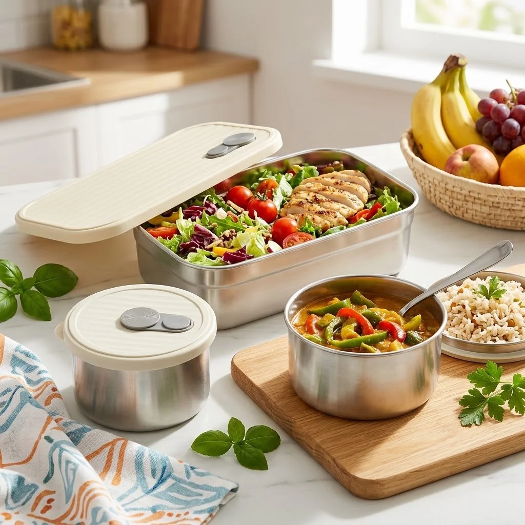 Food Storage Oven Safe - ชุดกล่องอาหารกลางวันสแตนเลส 304 กล่องเบนโตะสำหรับเด็กและผู้ใหญ่ กล่องเก็บอาหารโลหะกันรั่วซึมพร้อมฝาปิด กล่องเตรียมอาหาร กล่องสลัด