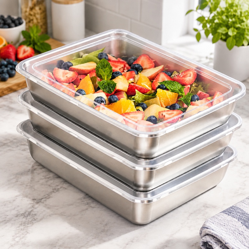 Food Storage Meals - ชุดกล่องอาหารสแตนเลส 3 ชิ้น พร้อมฝาปิดใส ป้องกันการรั่วซึม เหมาะสำหรับใช้ในการตั้งแคมป์และจัดเก็บอาหารในครัวเรือน